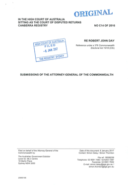 Original in the High Court of Australia Sitting As the Court of Disputed Returns Canberra Registry No C14 of 2016