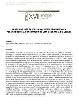 O Cinema Produzido Em Pernambuco E a Construção De Uma Geografia Do Visível