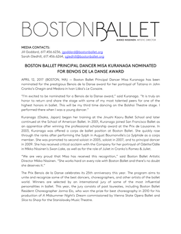 Boston Ballet Principal Dancer Misa Kuranaga Nominated for Benois De La Danse Award
