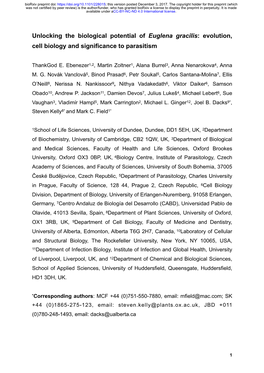 Unlocking the Biological Potential of Euglena Gracilis: Evolution, Cell Biology and Significance to Parasitism