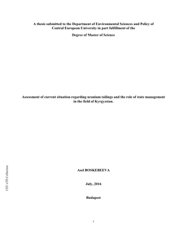 A Thesis Submitted to the Department of Environmental Sciences and Policy of Central European University in Part Fulfillment of the Degree of Master of Science