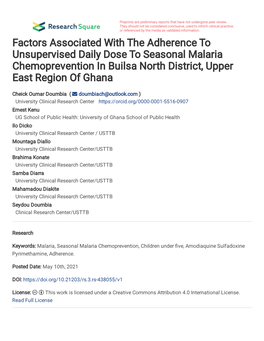 Factors Associated with the Adherence to Unsupervised Daily Dose to Seasonal Malaria Chemoprevention in Builsa North District, Upper East Region of Ghana
