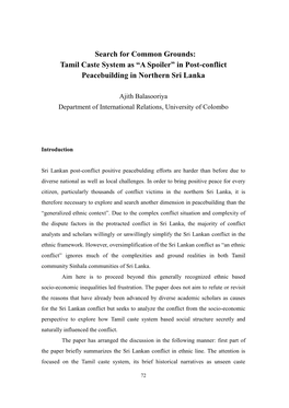 Search for Common Grounds: Tamil Caste System As “A Spoiler” in Post-Conflict Peacebuilding in Northern Sri Lanka