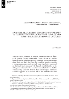 Święte 11, FEATURE 1149: SEQUENCE of FUNERARY RITES PRACTICED by CORDED WARE PEOPLES and EARLY BRONZE NORTH PONTIC CULTURES
