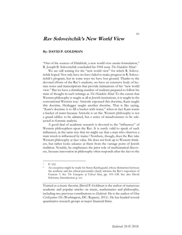 Rav Soloveitchik's New World View