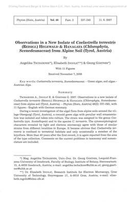 Observations in a New Isolate of Coelastrella Terrestris Scenedesmaceae) from Alpine Soil