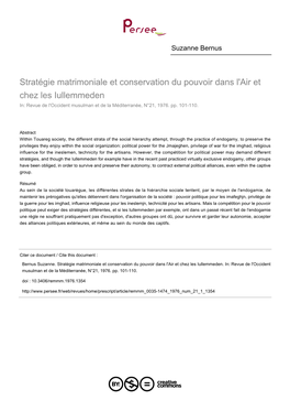 Stratégie Matrimoniale Et Conservation Du Pouvoir Dans L'air Et Chez Les Iullemmeden In: Revue De L'occident Musulman Et De La Méditerranée, N°21, 1976