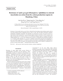 Resistance of Aphis Gossypii (Homoptera: Aphididae) to Selected Insecticides on Cotton from ﬁve Cotton Production Regions in Shandong, China