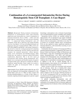 Continuation of a Levonorgestrel Intrauterine Device During Hematopoietic Stem Cell Transplant: a Case Report PAULA C