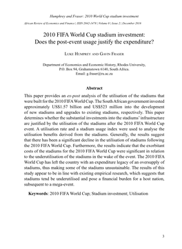 2010 FIFA World Cup Stadium Investment: Does the Post-Event Usage Justify the Expenditure?