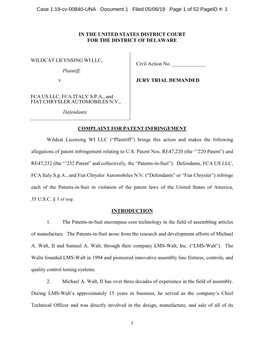 1 in the UNITED STATES DISTRICT COURT for the DISTRICT of DELAWARE WILDCAT LICENSING WI LLC, Plaintiff, V. FCA US LLC, FCA ITALY