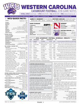 WESTERN CAROLINA CATAMOUNT FOOTBALL 2018 GAME NOTES FOOTBALL CONTACT: Daniel Hooker /// OFFICE: 828.227.2339 /// CELL: 828.508.2494 /// EMAIL: Dhooker@Email.Wcu.Edu