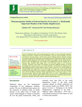 Pharmacognostic Studies of Selected Species of Curcuma L. a Medicinally Important Member of the Family Zingiberaceae