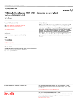 William Pollock Fraser (1867-1943) : Canadian Pioneer Plant Pathologist-Mycologist R.H