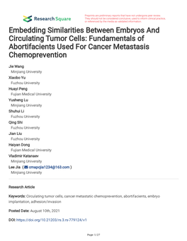 Embedding Similarities Between Embryos and Circulating Tumor Cells: Fundamentals of Abortifacients Used for Cancer Metastasis Chemoprevention