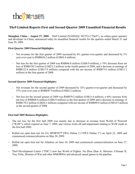 The9 Limited Reports First and Second Quarter 2009 Unaudited Financial Results