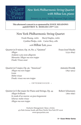 New York Philharmonic String Quartet with Mihae Lee, Piano January 13, 2019 • Valley Regional High School