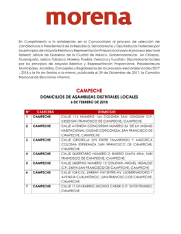 Campeche Domicilios De Asambleas Distritales Locales 6 De Febrero De 2018