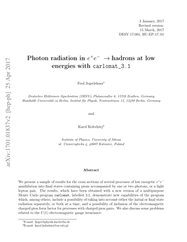 [Hep-Ph] 25 Apr 2017 Photon Radiation in E → Hadrons at Low Energies