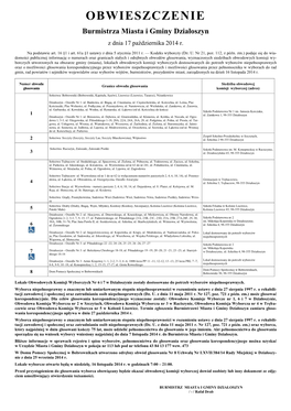 OBWIESZCZENIE Burmistrza Miasta I Gminy Działoszyn Z Dnia 17 Października 2014 R