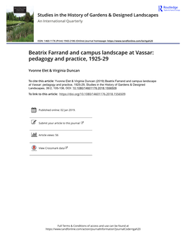Beatrix Farrand and Campus Landscape at Vassar: Pedagogy and Practice, 1925-29