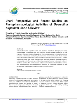 Unani Perspective and Recent Studies on Phytopharmacological Activities of Operculina Turpethum Linn.: a Review