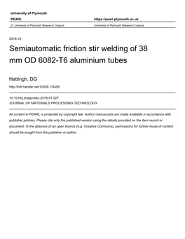 Friction Stir Welding of 38 Mm OD 6082-T6 Aluminium Tubes