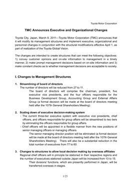 TMC Announces Executive and Organizational Changes I. Changes