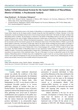 Indian Tribal Educational System for the Santal Children of Mayurbhanj District of Odisha: a Psychosocial Analysis