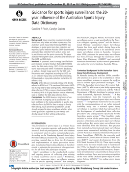 Guidance for Sports Injury Surveillance: the 20- Year Influence of the Australian Sports Injury Data Dictionary Caroline F Finch, Carolyn Staines