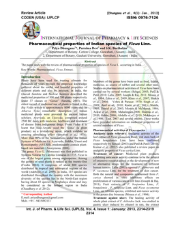 Pharmaceutical Properties of Indian Species of Ficus Linn. Priya Dhungana 1*, Purnima Devi 1 and S.K