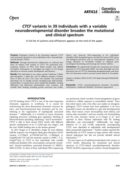 CTCF Variants in 39 Individuals with a Variable Neurodevelopmental Disorder Broaden the Mutational and Clinical Spectrum