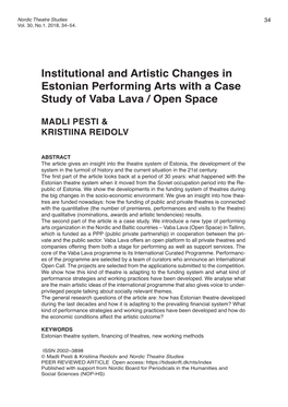 Institutional and Artistic Changes in Estonian Performing Arts with a Case Study of Vaba Lava / Open Space