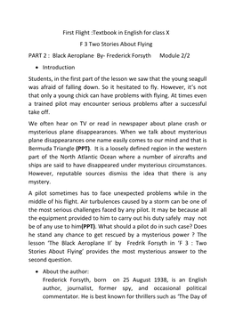 Black Aeroplane By- Frederick Forsyth Module 2/2 • Introduction Students, in the First Part of the Lesson We Saw That the Young Seagull Was Afraid of Falling Down