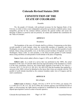 Colorado Revised Statutes 2018 CONSTITUTION of the STATE of COLORADO