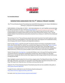 Nominations Announced for the 3Rd Annual Streamy Awards