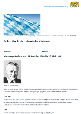 Ministerpräsident Vom 19. Oktober 1988 Bis 27. Mai 1993 Dr. H. C. Max Streibl: Lebenslauf Und Kabinett