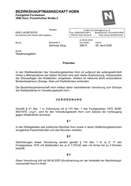 BEZIRKSHAUPTMANNSCHAFT HORN Fachgebiet Forstwesen 3580 Horn, Frauenhofner Straße 2