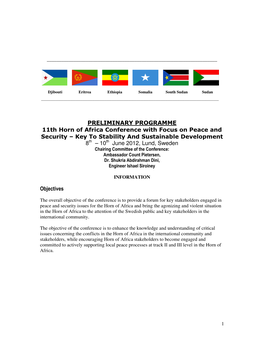 PRELIMINARY PROGRAMME 11Th Horn of Africa Conference with Focus on Peace and Security