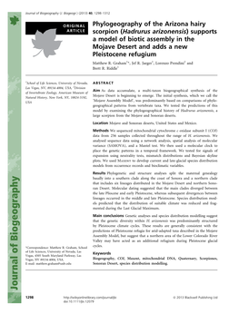 Phylogeography of the Arizona Hairy Scorpion (Hadrurus Arizonensis) Supports a Model of Biotic Assembly in the Mojave Desert