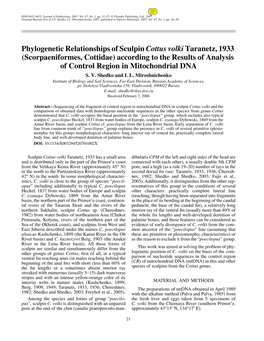 Phylogenetic Relationships of Sculpin Cottus Volkitaranetz, 1933