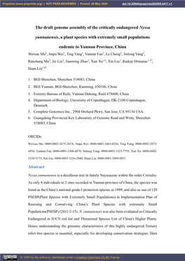 The Draft Genome Assembly of the Critically Endangered Nyssa Yunnanensis, a Plant Species with Extremely Small Populations Endem