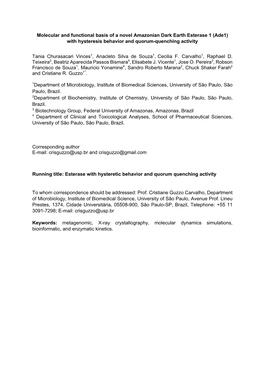 Molecular and Functional Basis of a Novel Amazonian Dark Earth Esterase 1 (Ade1) with Hysteresis Behavior and Quorum-Quenching Activity