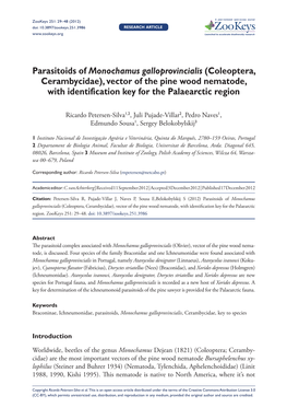 Parasitoids of Monochamus Galloprovincialis (Coleoptera, Cerambycidae), Vector of the Pine Wood Nematode, with Identification Key for the Palaearctic Region