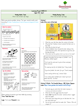 Learning Project WEEK 10 Upper KS2- Sport Weekly Maths Tasks Weekly Reading Tasks (Aim to Do at Least 1 Per Day) (Aim to Do at Least 1 Per Day)