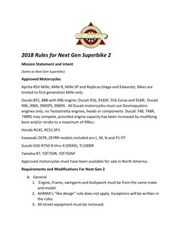 2018 Rules for Next Gen Superbike 2