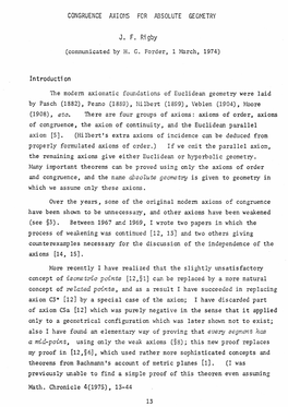 CONGRUENCE AXIOMS FCR ABSOLUTE GEOMETRY J. F. Rigby