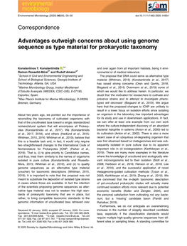 Advantages Outweigh Concerns About Using Genome Sequence As Type Material for Prokaryotic Taxonomy