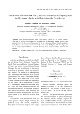 First Record of Leucosiid Crabs (Crustacea: Decapoda: Brachyura) from the Kermadec Islands, with Description of a New Species