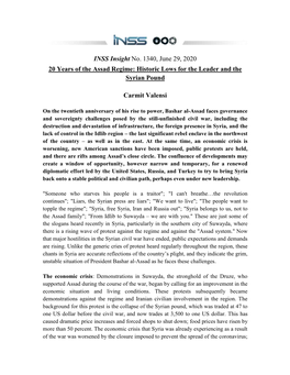 INSS Insight No. 1340, June 29, 2020 20 Years of the Assad Regime: Historic Lows for the Leader and the Syrian Pound